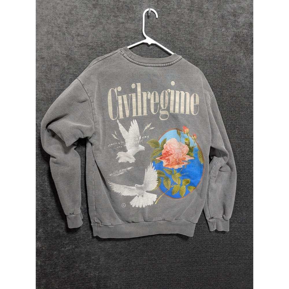 Civil‎ Regime Mens Washed Grey Dove Rose Graphic Crewneck Sweatshirt XL